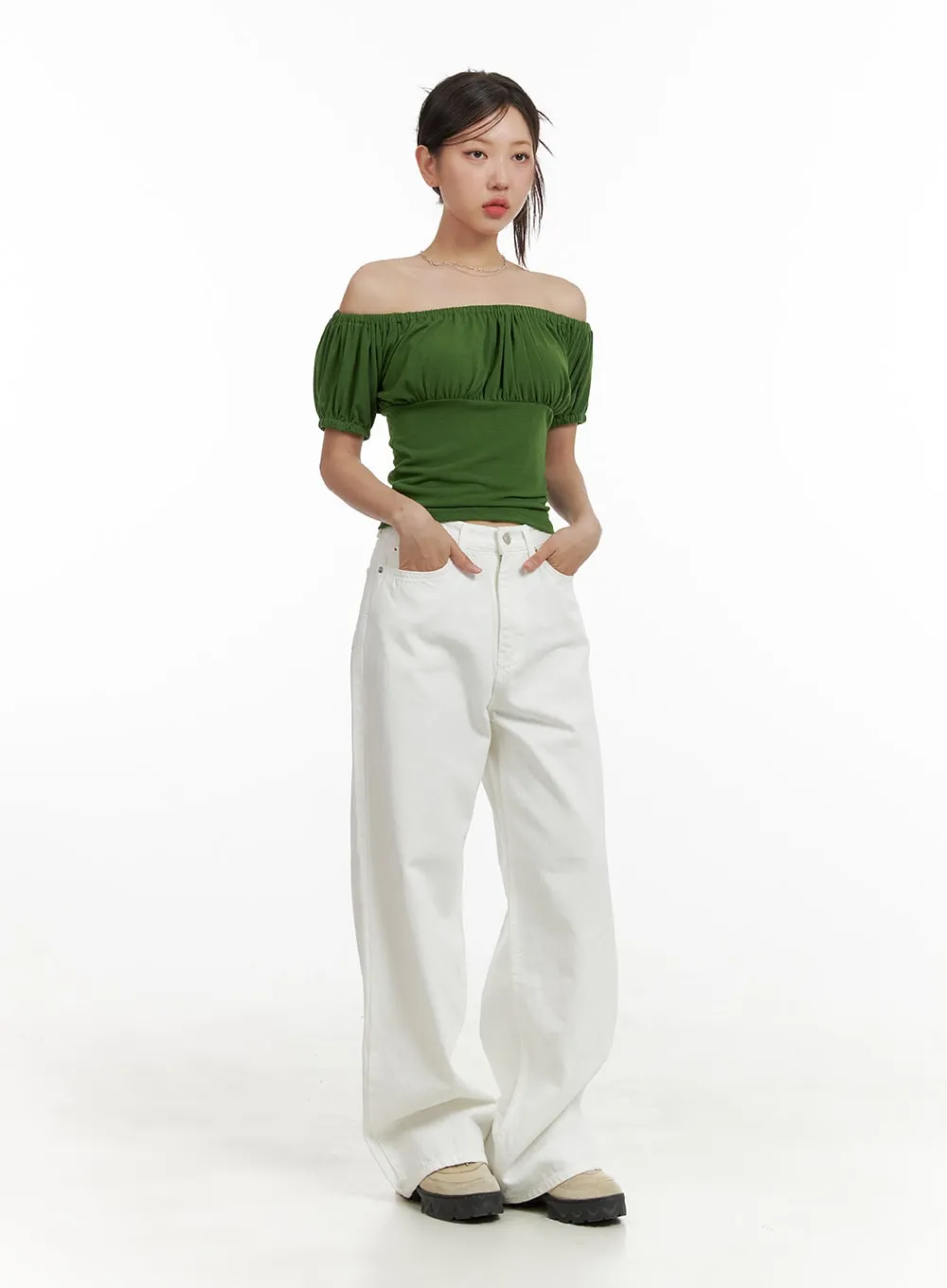 Off-Shoulder Shirred Crop Top CU404 sold by Lewkin product image thumbnail 2