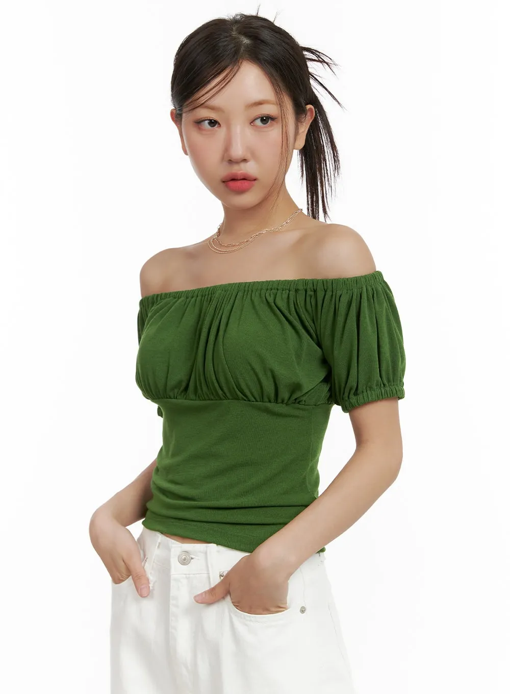 Off-Shoulder Shirred Crop Top CU404 sold by Lewkin