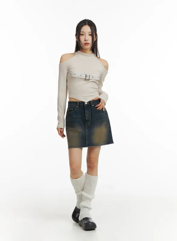 Washed Denim Mini Skirt CJ416 sold by Lewkin