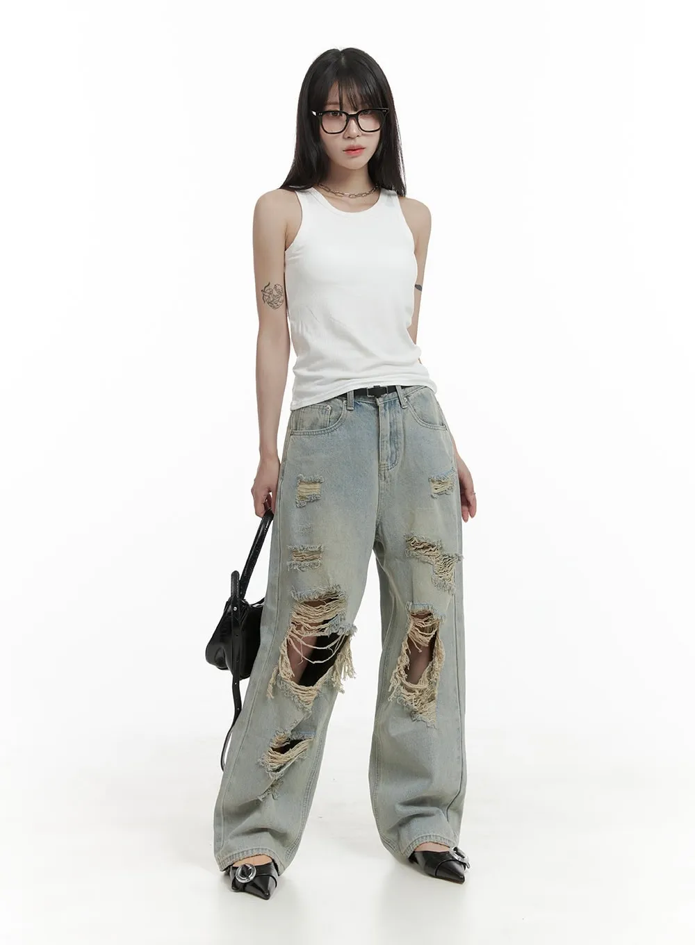 Vintage Washed Ripped Baggy Jeans CA426 sold by Lewkin