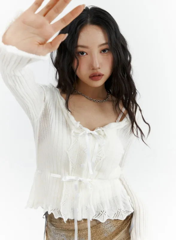 Ribbon Lace Strap Cardigan CJ424 sold by Lewkin