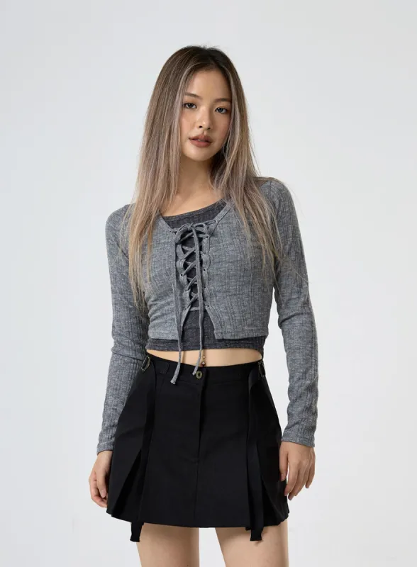 Lace Up Ribbed Crop Cardigan CG25 sold by Lewkin