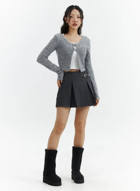 Gray Pleated Belted Mini Skirt CJ423 sold by Lewkin