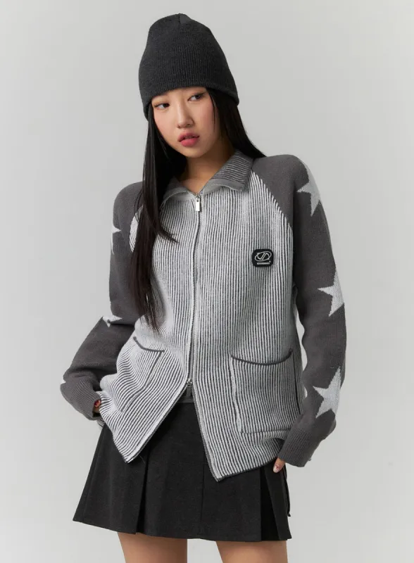 Acubi Star Graphic Knit Zip-Up Sweater CD304 sold by Lewkin