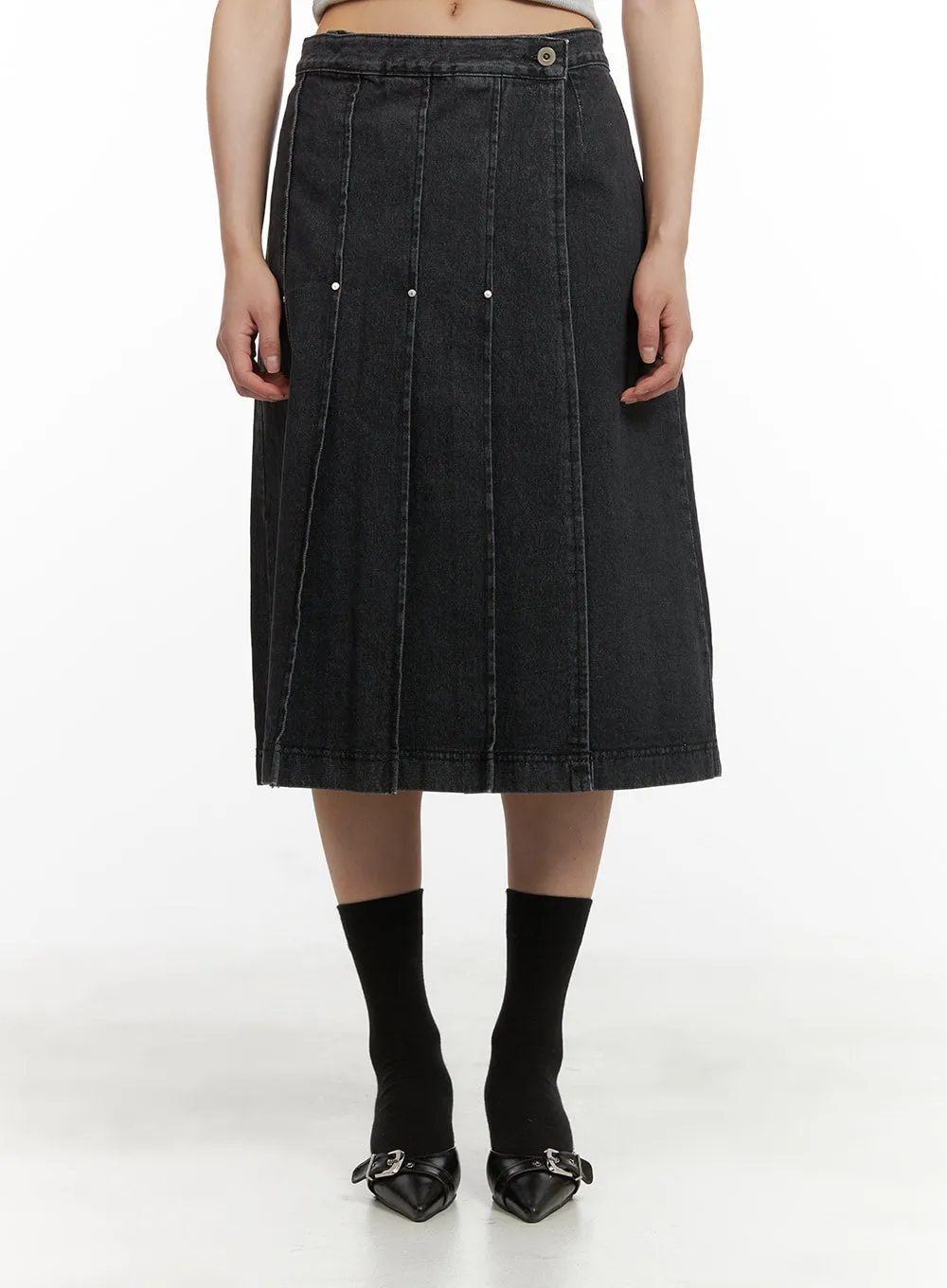 Pleated Denim Midi Skirt CY416 sold by Lewkin