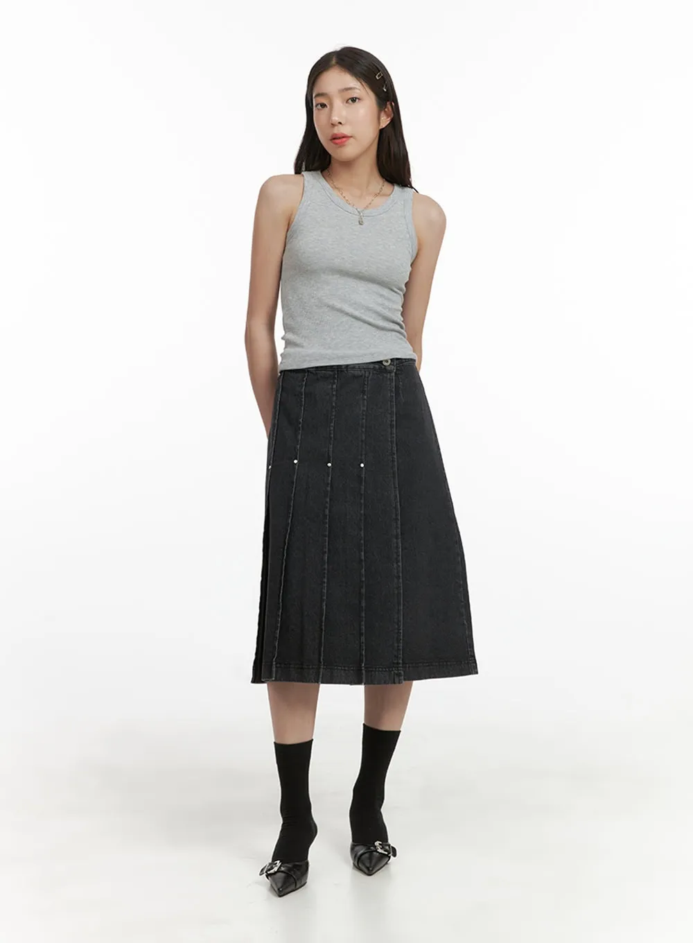 Pleated Denim Midi Skirt CY416 sold by Lewkin product image thumbnail 2