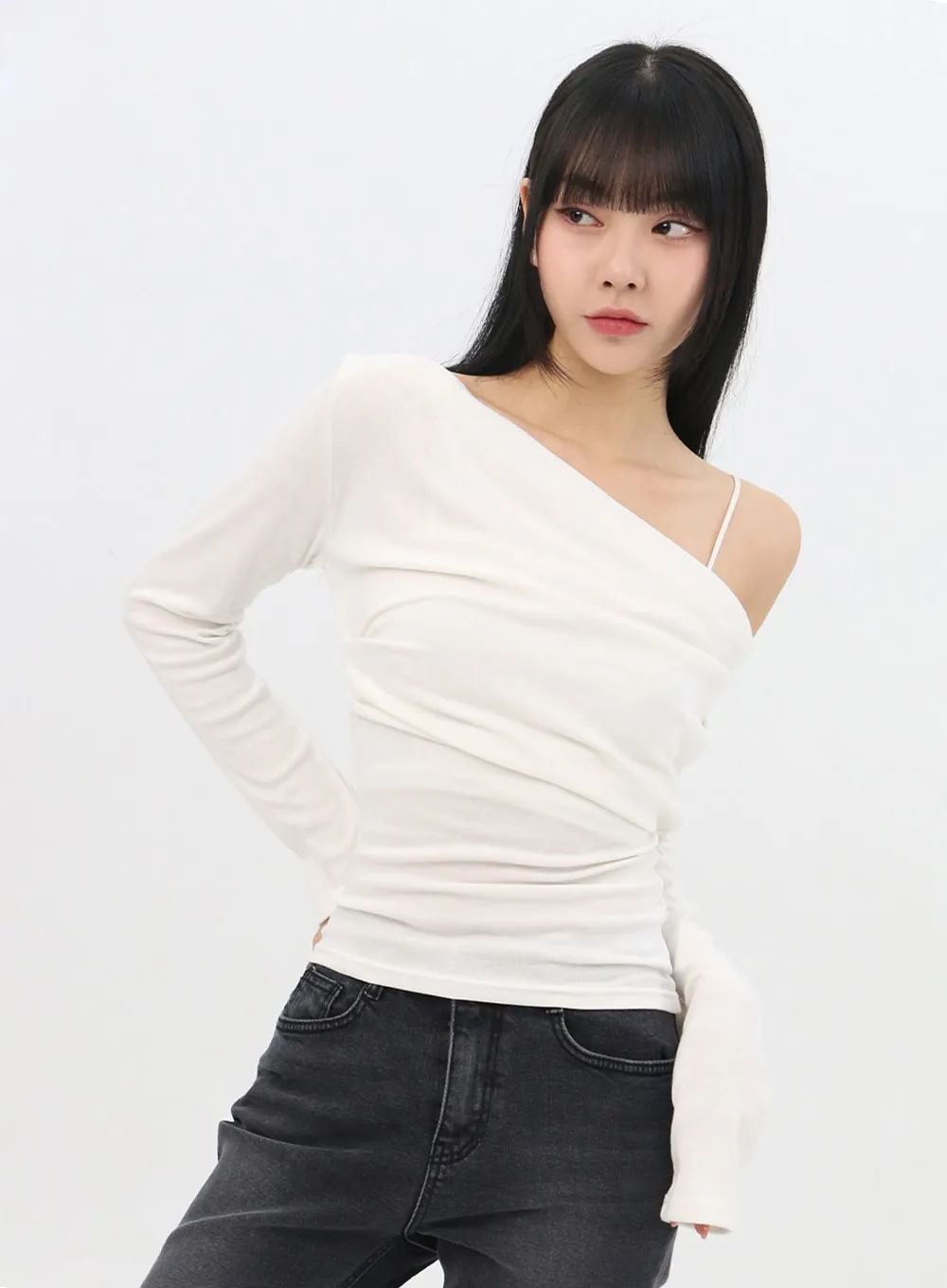 Asymmetrical Off-Shoulder Shirring Tee IN310 sold by Lewkin product image thumbnail 4
