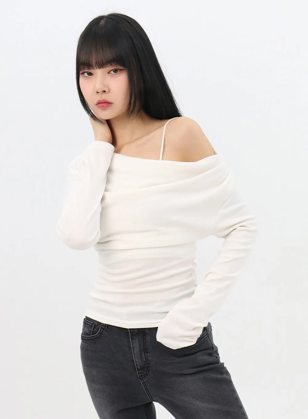 Asymmetrical Off-Shoulder Shirring Tee IN310 sold by Lewkin product image thumbnail 5