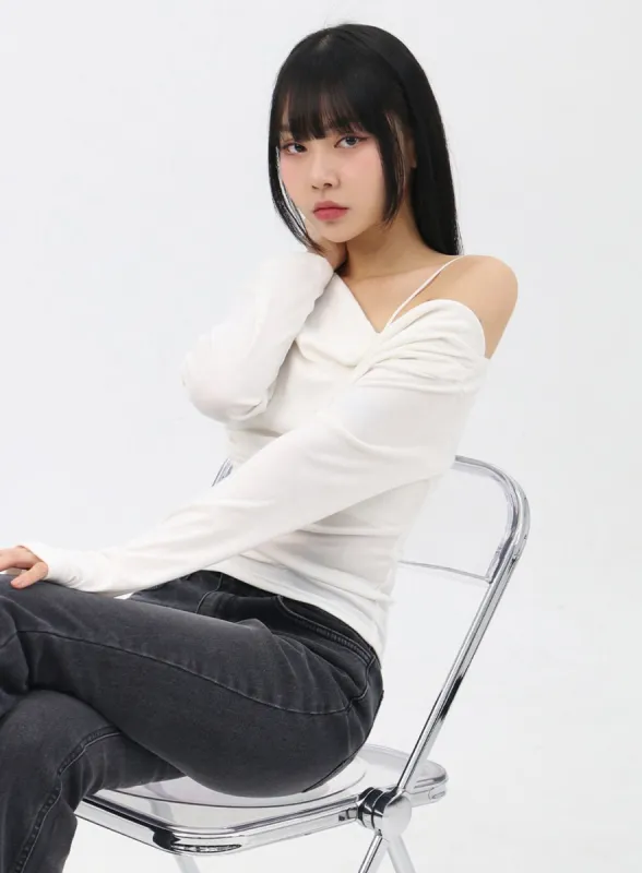 Asymmetrical Off-Shoulder Shirring Tee IN310 sold by Lewkin