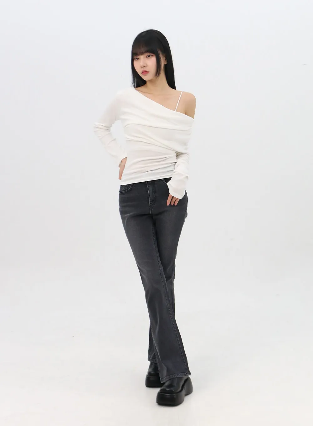 Asymmetrical Off-Shoulder Shirring Tee IN310 sold by Lewkin product image thumbnail 2