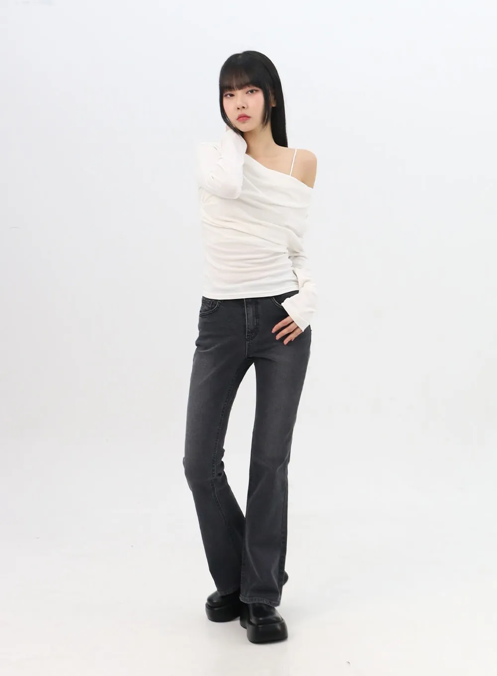 Asymmetrical Off-Shoulder Shirring Tee IN310 sold by Lewkin product image thumbnail 3