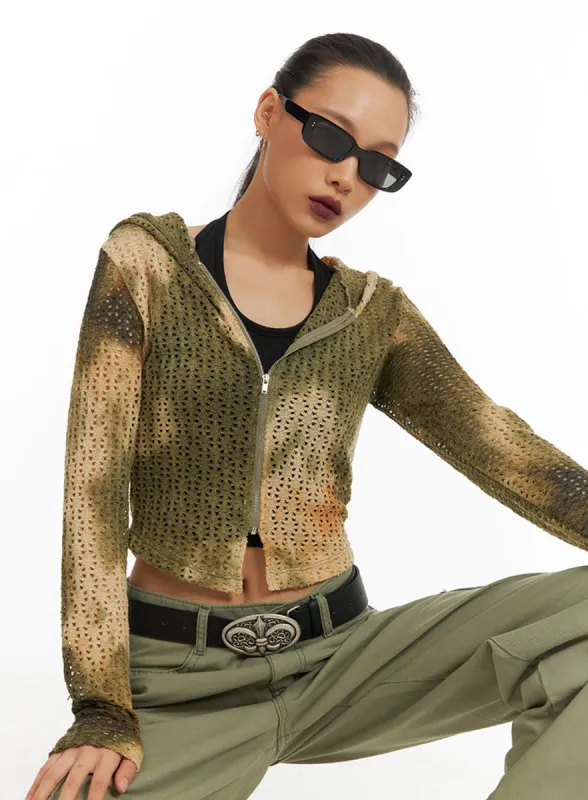 Tie-Dye Mesh Zip-Up Crop Top IA417 sold by Lewkin