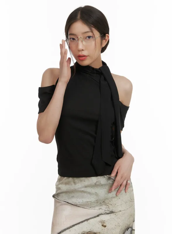 Tie-Neck Cut-Out Shoulder Blouse CY416 sold by Lewkin