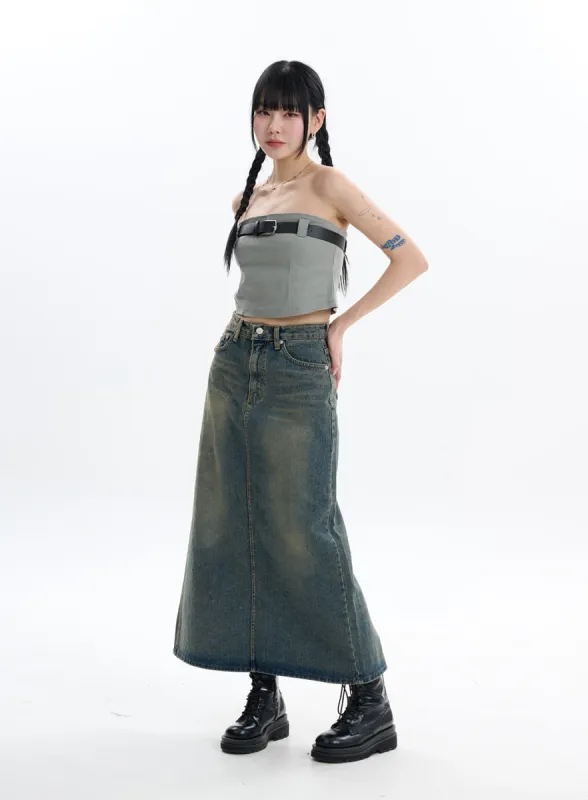 Denim Split Maxi Skirt IF413 sold by Lewkin