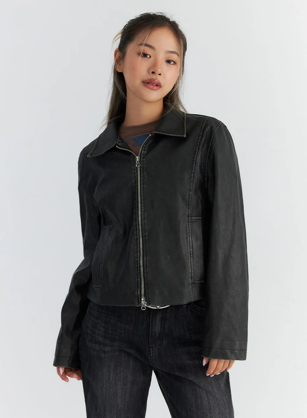 Faux Leather Zip-Up Jacket CO310 sold by Lewkin