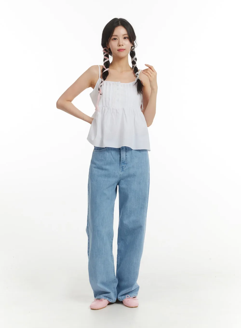 Solid Ruffle Hem Button-Up Cami Top OM406 sold by Lewkin product image thumbnail 2