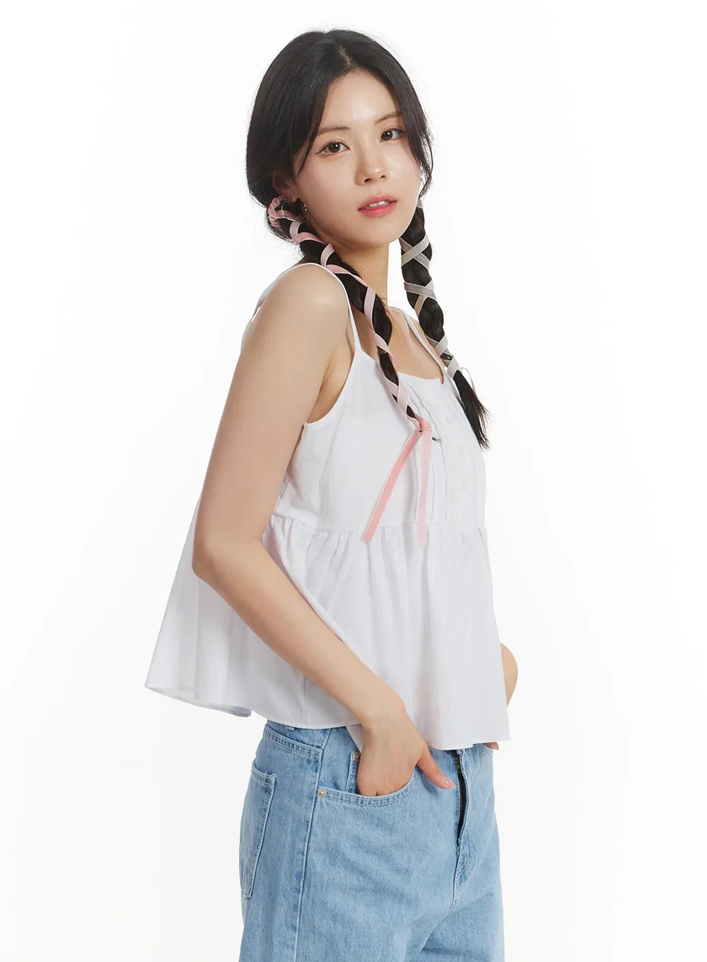 Solid Ruffle Hem Button-Up Cami Top OM406 sold by Lewkin