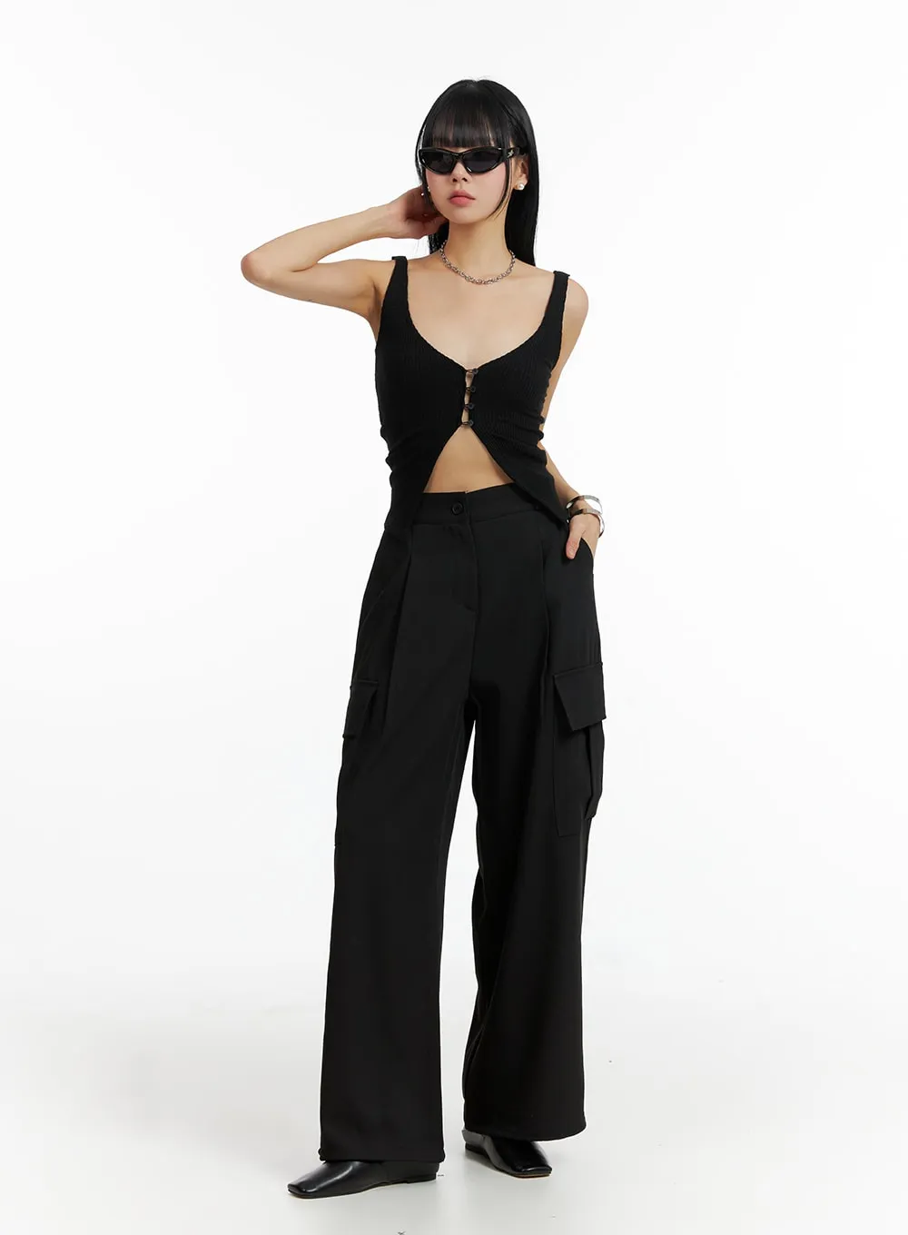 Deep V-Neck Button Sleeveless Top IF402 sold by Lewkin product image thumbnail 5