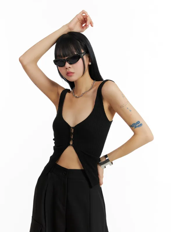 Deep V-Neck Button Sleeveless Top IF402 sold by Lewkin