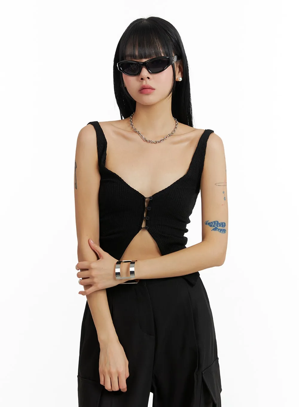 Deep V-Neck Button Sleeveless Top IF402 sold by Lewkin product image thumbnail 3