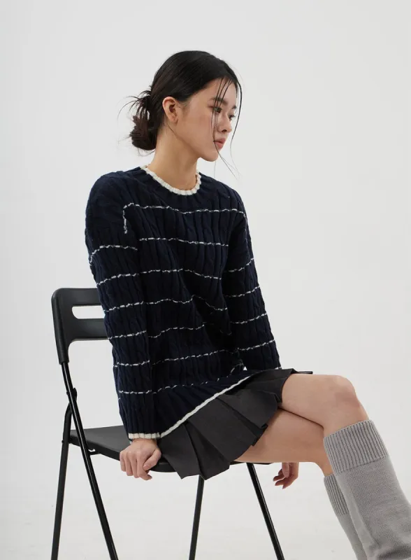 Cable Knit Stripe Crewneck Sweater CJ310 sold by Lewkin