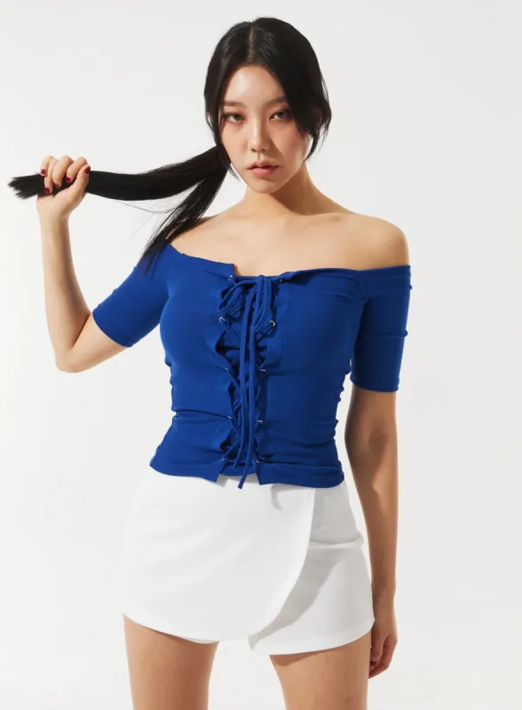 Lace-Up Off-Shoulder Tee IM330 sold by Lewkin