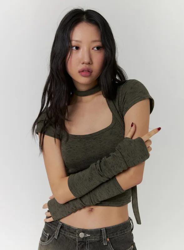 Square Neck Crop Top with Scarf and Hand Warmers CD319 sold by Lewkin