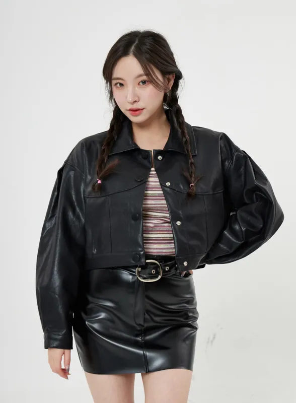 Faux Leather Button Crop Jacket BO28 sold by Lewkin