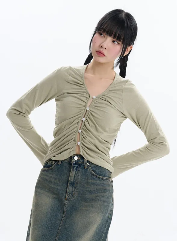 Ruched Button Crop Long Sleeve IF413 sold by Lewkin