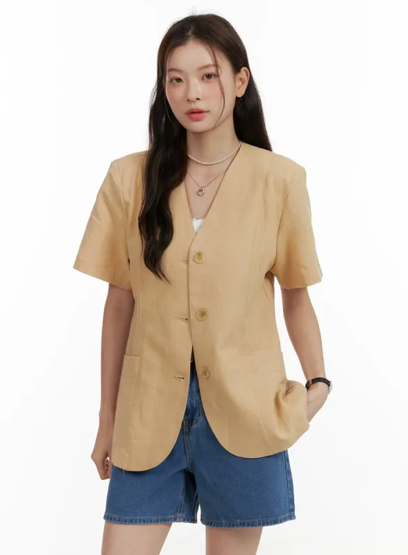 Linen Buttoned Short Sleeve Jacket OU413 sold by Lewkin