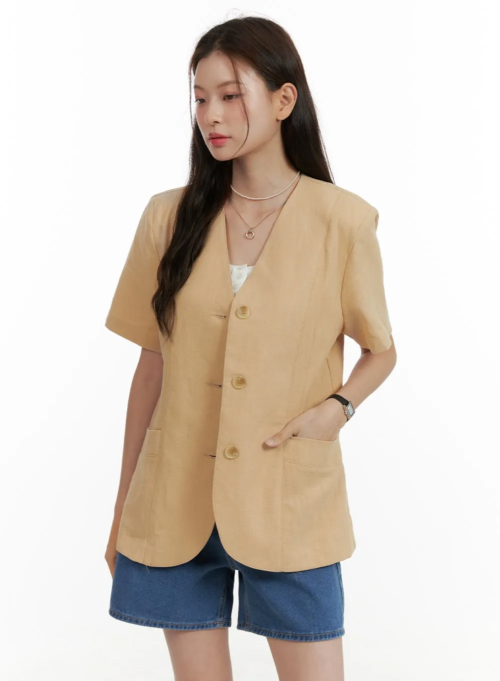 Linen Buttoned Short Sleeve Jacket OU413 sold by Lewkin product image thumbnail 4