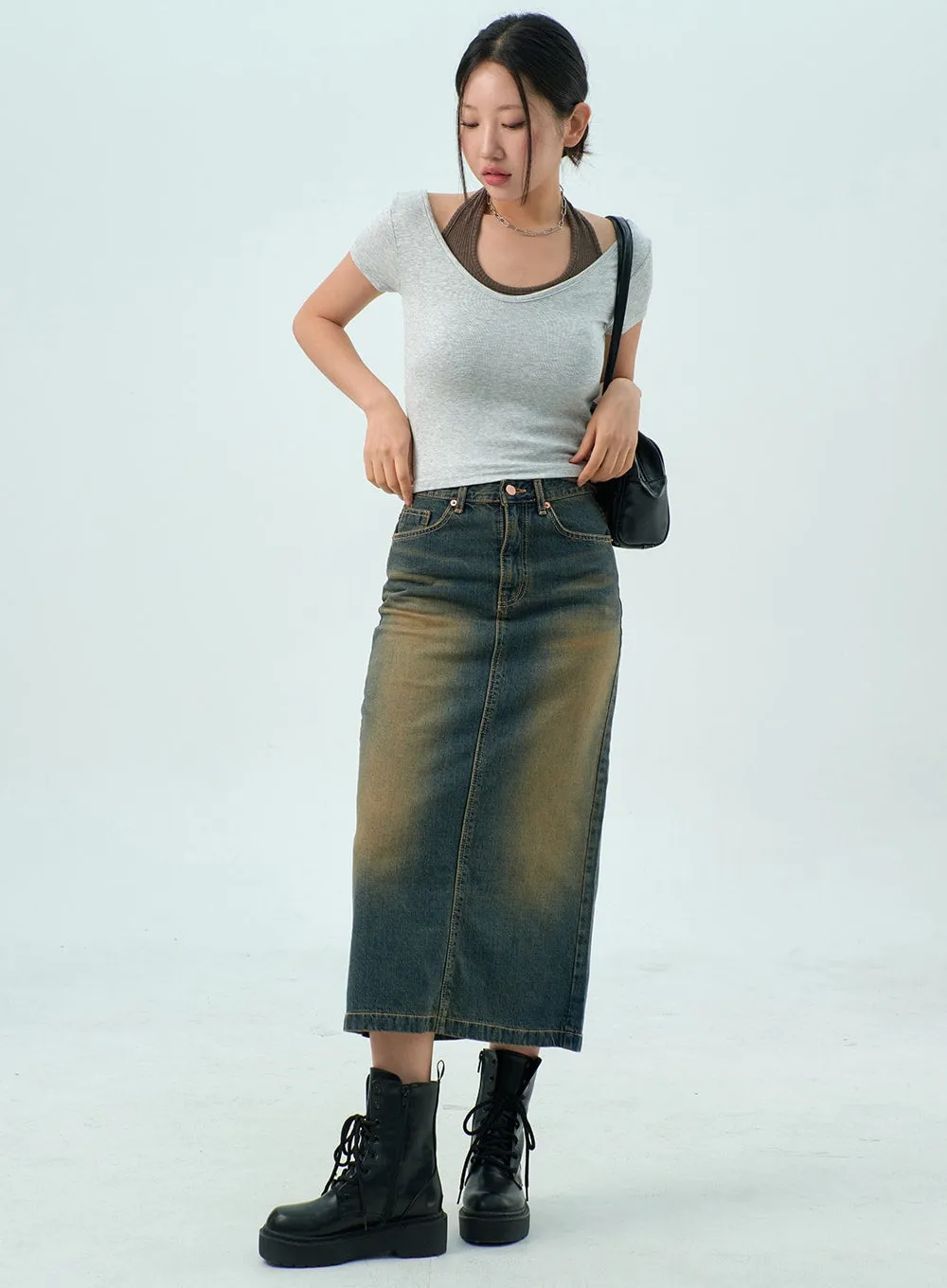 Dark Wash Denim Maxi Skirt CY325 sold by Lewkin