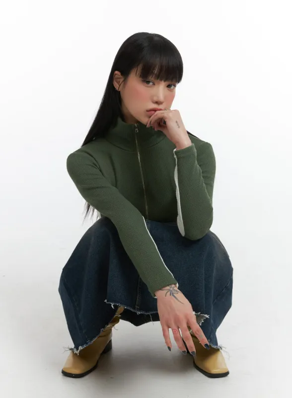 Contrasting High Neck Solid Zipper Cardigan IJ411 sold by Lewkin