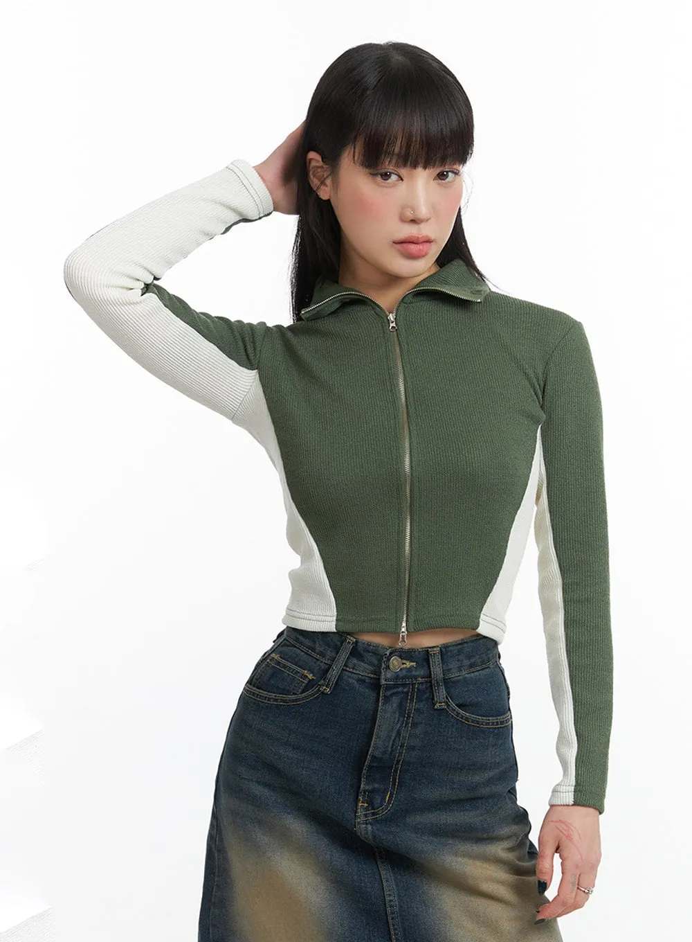 Contrasting High Neck Solid Zipper Cardigan IJ411 sold by Lewkin product image thumbnail 5