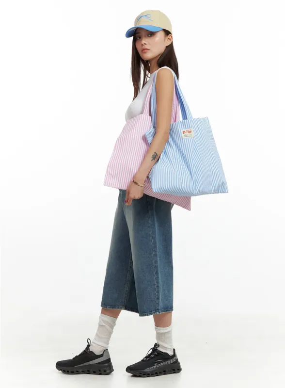 Striped Cotton Shoulder Tote Bag IU419 sold by Lewkin