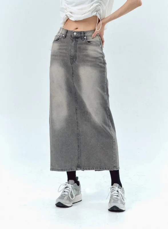 Grey Denim Maxi Skirt IU329 sold by Lewkin