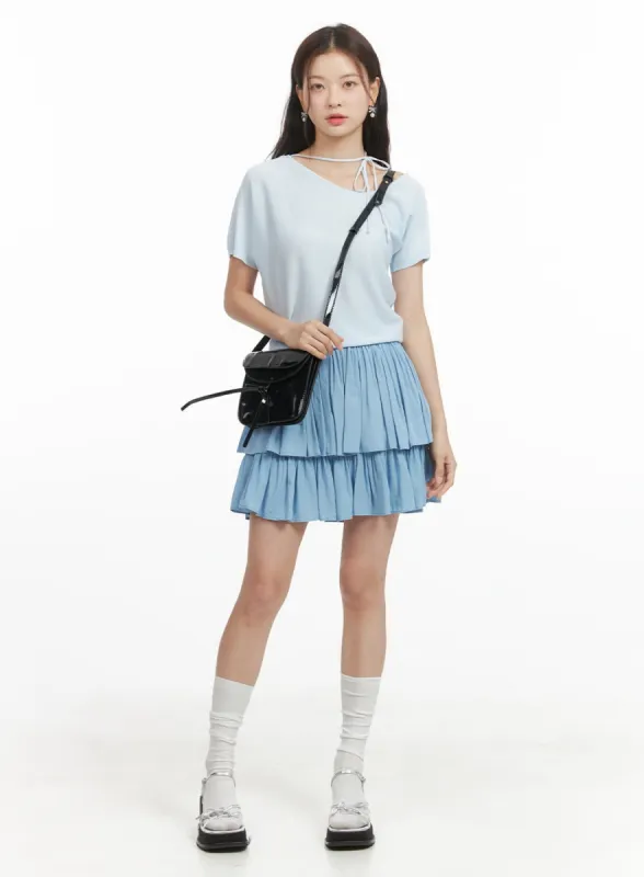 Solid Ruched Ruffle Hem Mini Skirt OY421 sold by Lewkin