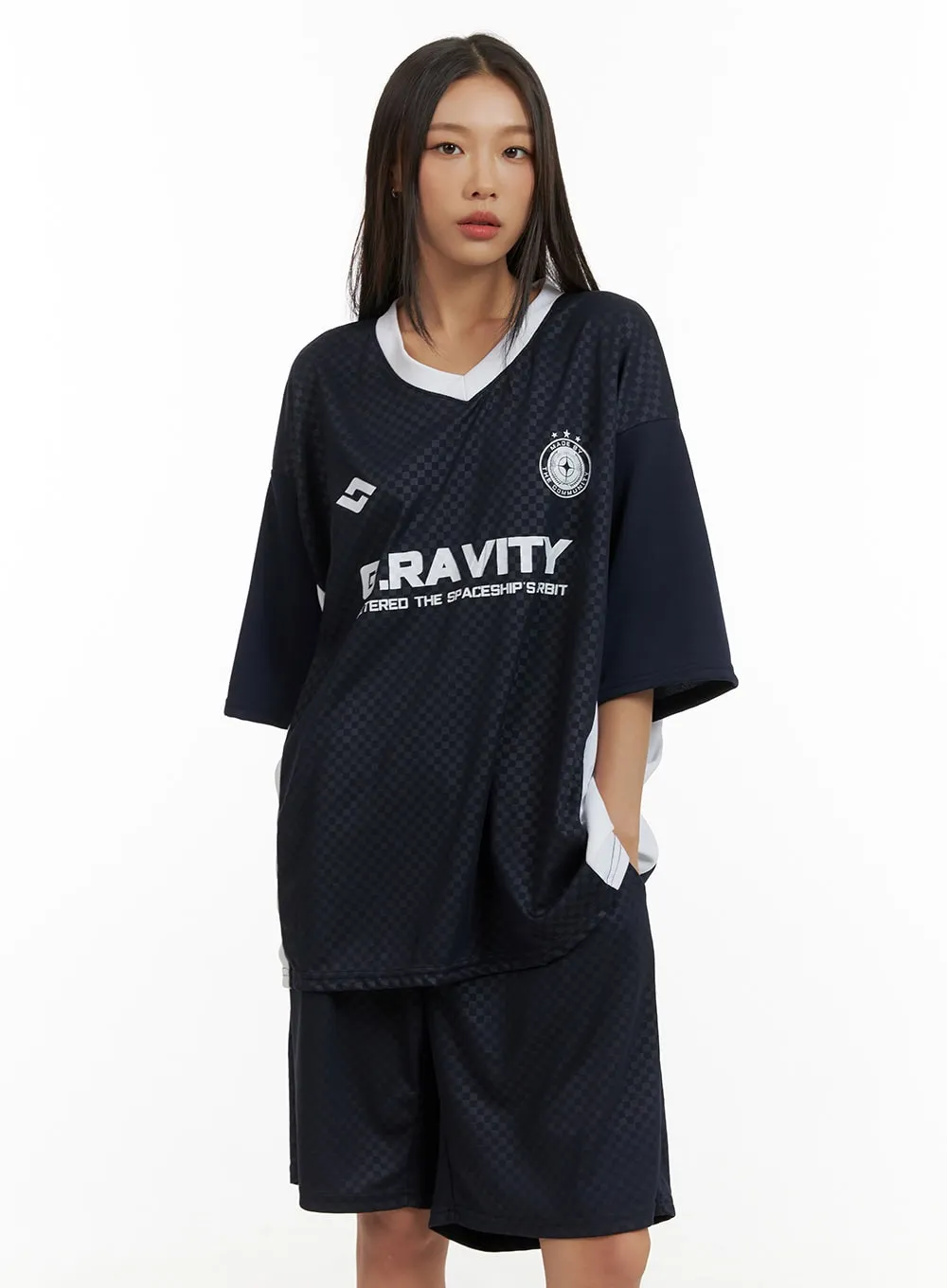 Graphic Oversized V-Neck Mesh Top CU414 sold by Lewkin