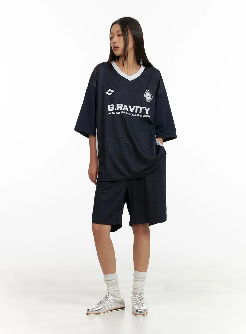 Graphic Oversized V-Neck Mesh Top CU414 sold by Lewkin product image thumbnail 2