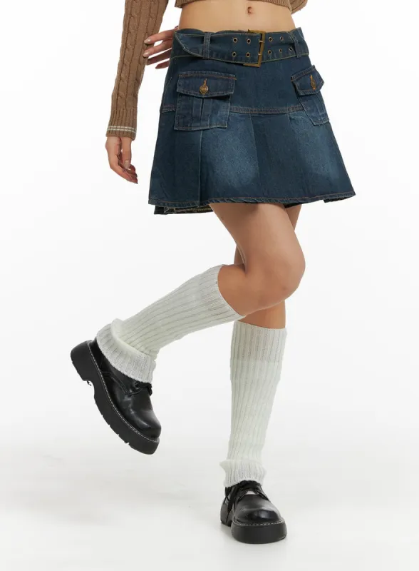 Pleated Denim Mini Skirt with Belt CF426 sold by Lewkin