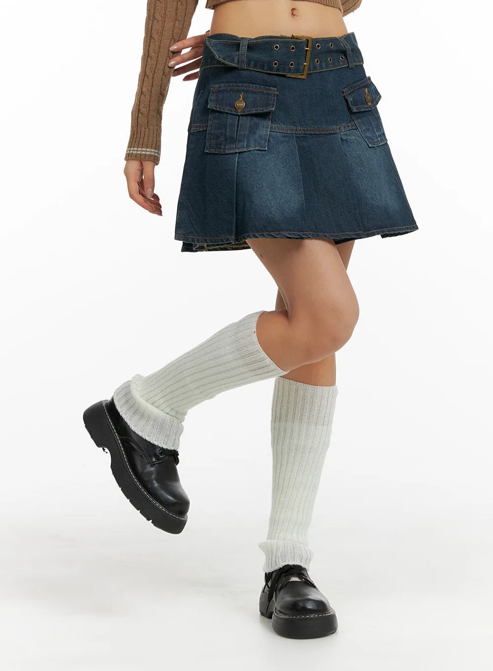 Pleated Denim Mini Skirt with Belt CF426 sold by Lewkin
