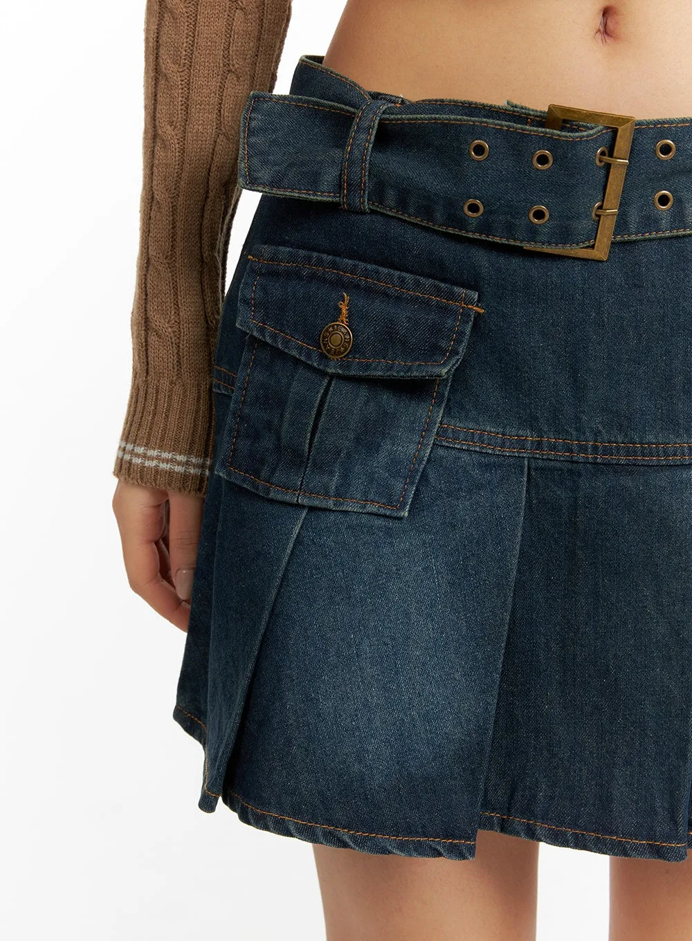Pleated Denim Mini Skirt with Belt CF426 sold by Lewkin product image thumbnail 3