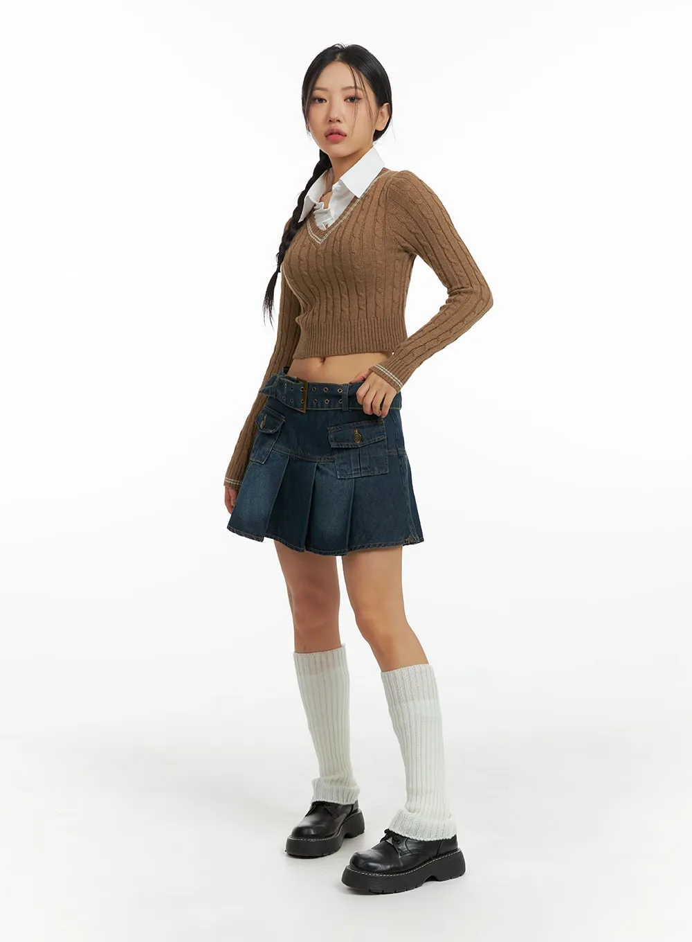 Pleated Denim Mini Skirt with Belt CF426 sold by Lewkin product image thumbnail 2