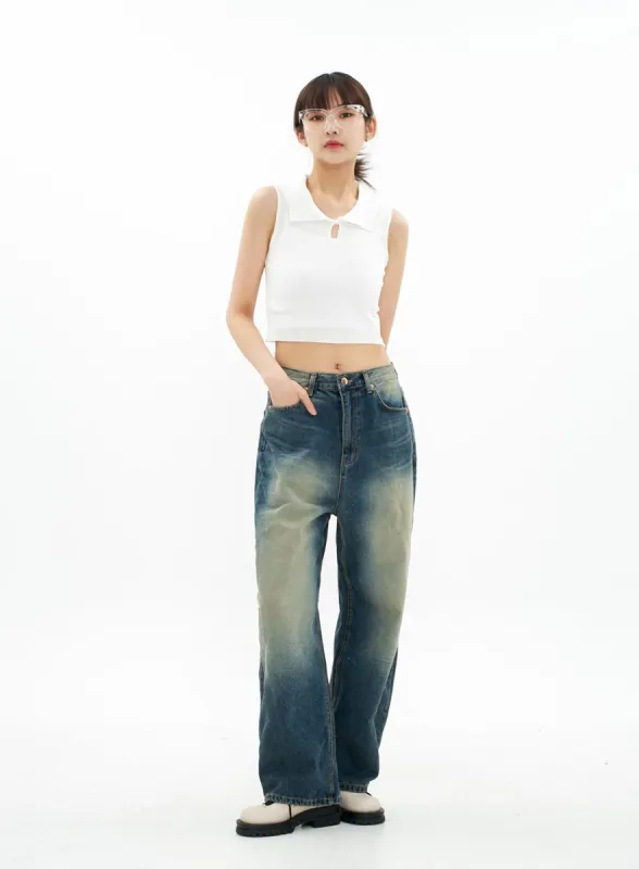 Bleached Wide Leg Denim Pants CA07 sold by Lewkin