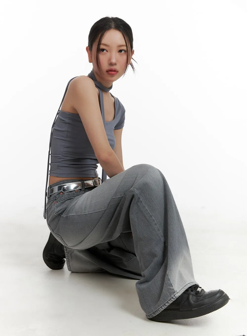 One Shoulder Crop Tee with Thin Scarf CA416 sold by Lewkin product image thumbnail 2