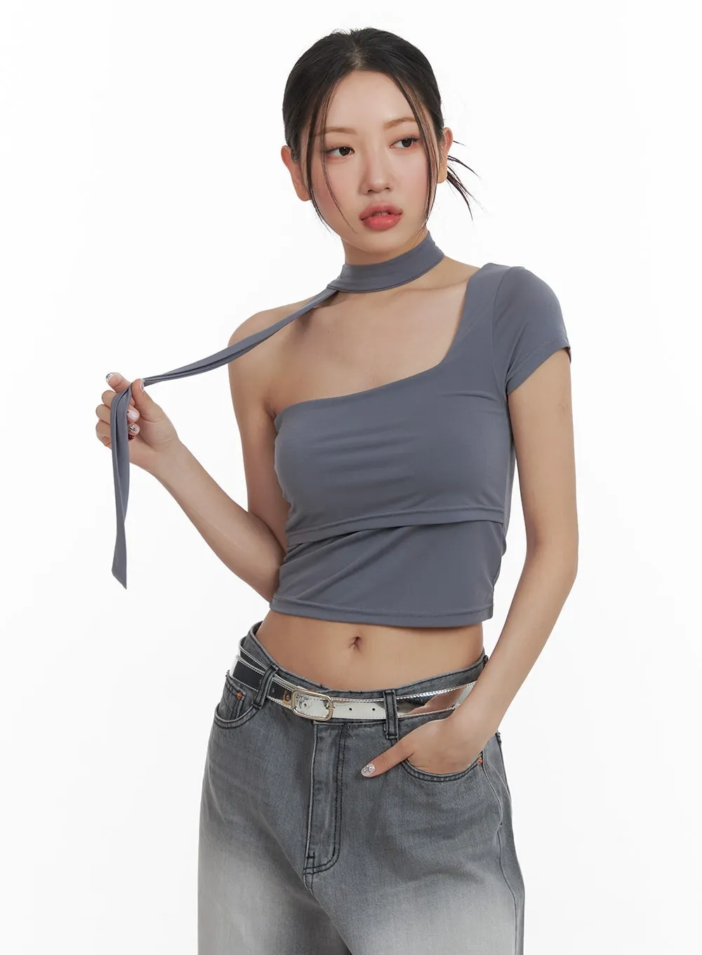 One Shoulder Crop Tee with Thin Scarf CA416 sold by Lewkin