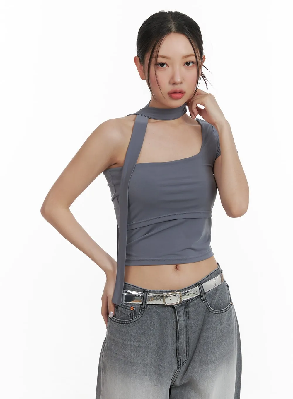 One Shoulder Crop Tee with Thin Scarf CA416 sold by Lewkin product image thumbnail 4