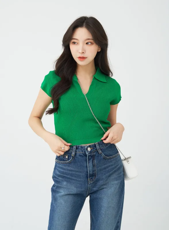 V-Neck Collar Crop Short Sleeve Tee BG09 sold by Lewkin