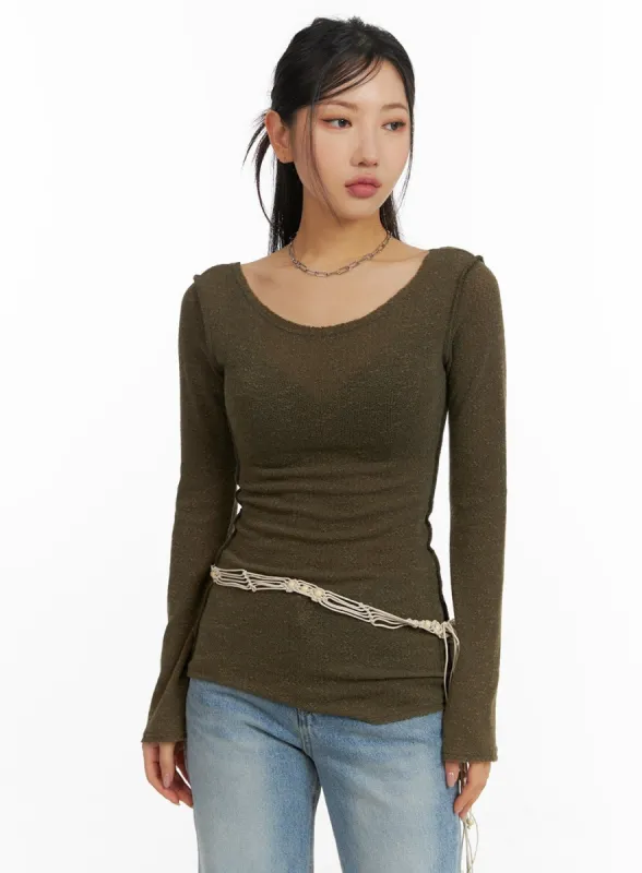 U-Neck Stitch Detail Long Sleeve CM411 sold by Lewkin
