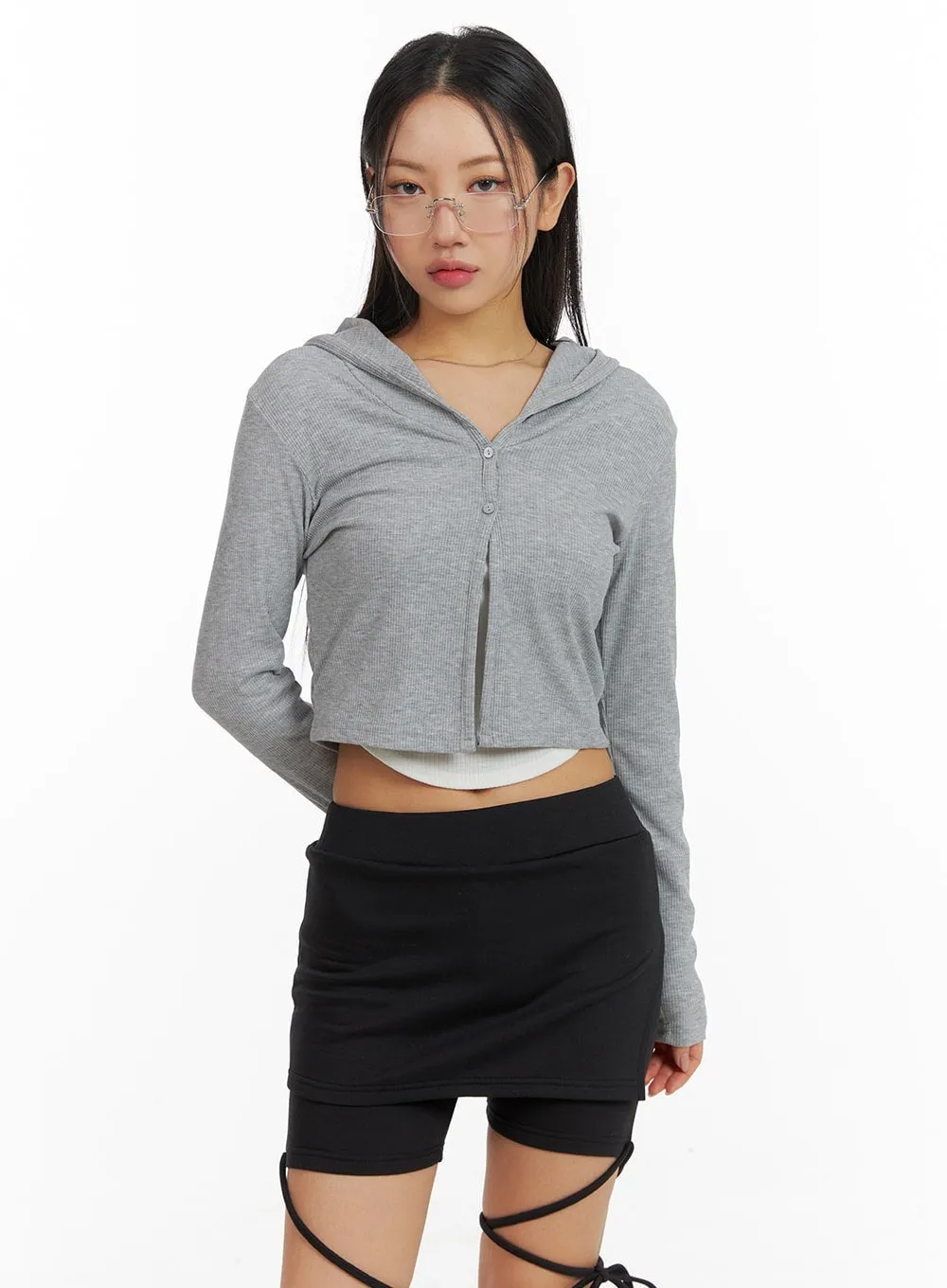Solid Cropped Hoodie Cardigan CM412 sold by Lewkin product image thumbnail 2